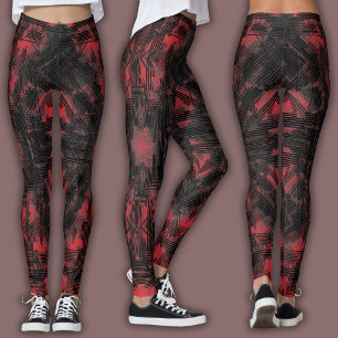 Leggings Motif Géométrique Abstrait Noir et Rouge