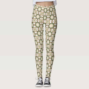 Leggings Motif géométrique floral vert olive vintage