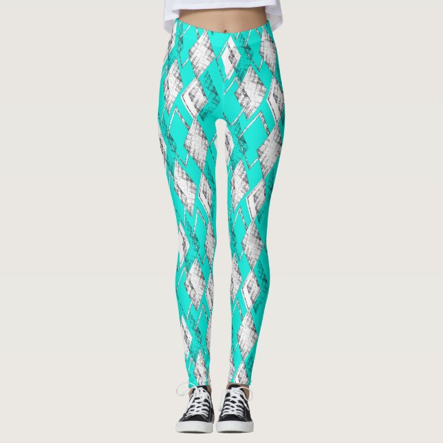 Leggings Motif géométrique néo-turquoise. (Devant)