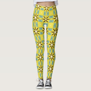 Leggings Motif géométrique rétro jaune sarcelle