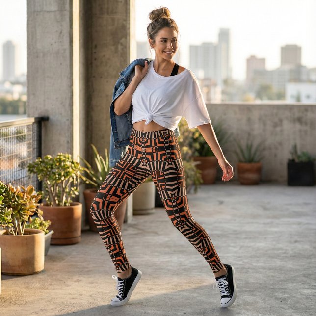 Leggings Motif géométrique tendance Orange & Noir Op Art (Créateur téléchargé)