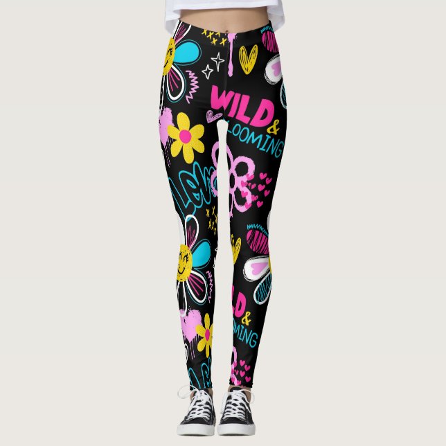 Leggings Motif graffiti fleur smiley mode (Devant)