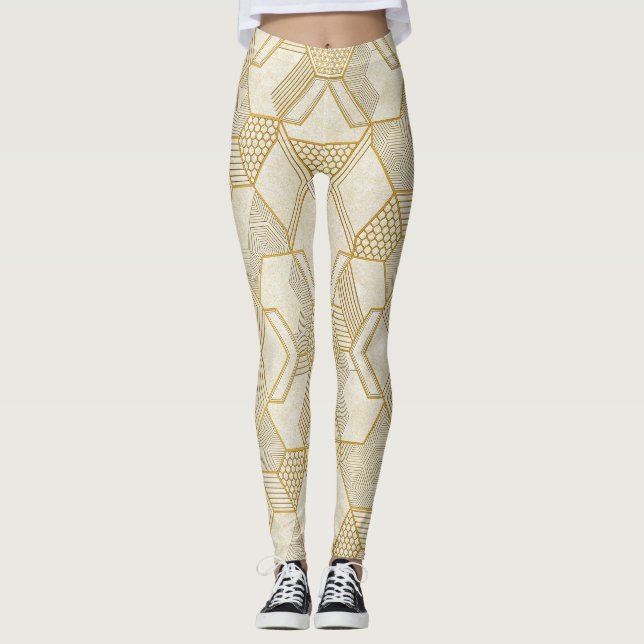 Leggings Motif hexagonal organique moderne | Crème et beige (Devant)