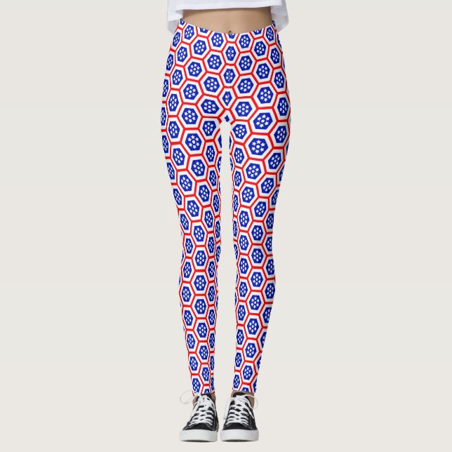 Leggings Motif hexagone blanc rouge et bleu (Devant)