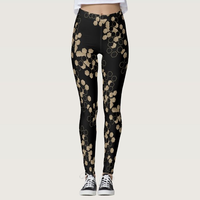 Leggings motif hexagone élégant géométrique noir et or (Devant)