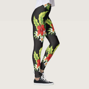 Leggings Motif Hibiscus Hawaïen rouge et blanc