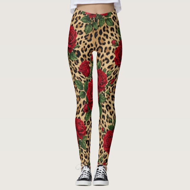 Leggings Motif imprimé léopard Roses rouges  (Devant)