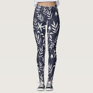Leggings Motif japonais feuille en bambou blanc et bleu mar