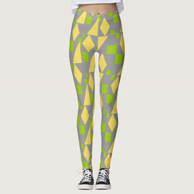 Leggings Motif jaune vert géométrique Abstrait sur gris (Devant)