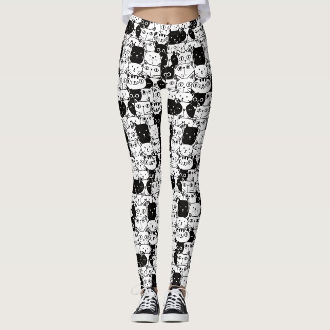Leggings Motif Kawaii Cute Chat Noir Et Blanc (Devant)