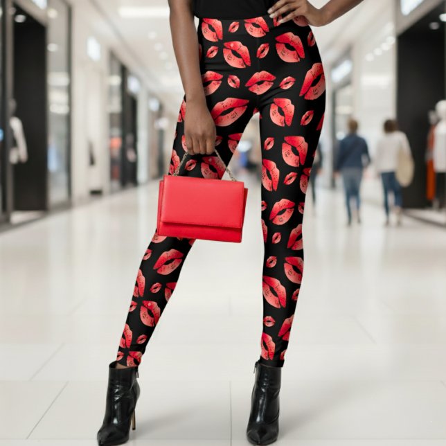 Leggings Motif lèvres rouges noir (Red Lips Pattern Black Leggings
)