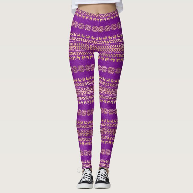 Leggings Motif licorne bohème violet et or (Devant)