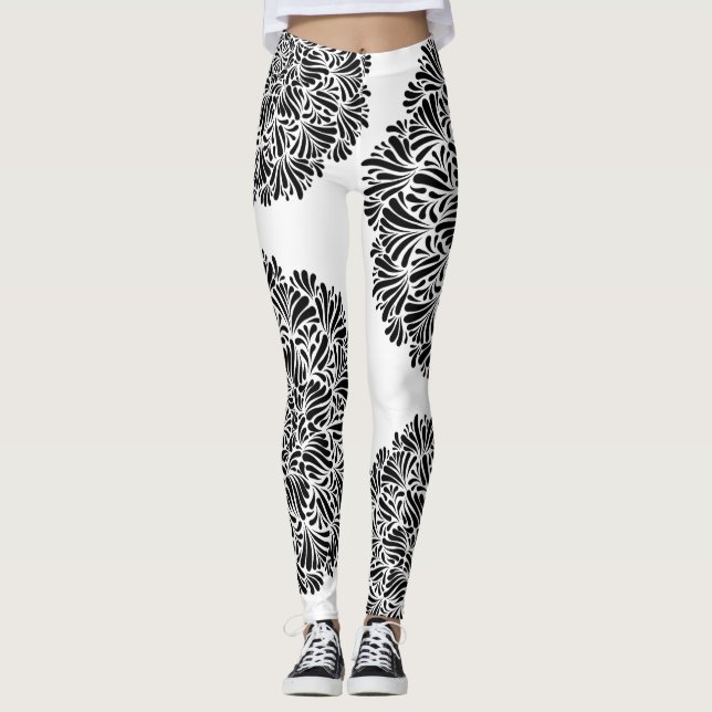Leggings Motif Mandala noir et blanc moderne géométrique (Devant)