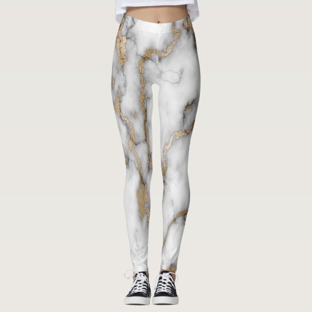 Leggings Motif marbre blanc tendance cool en or (Devant)