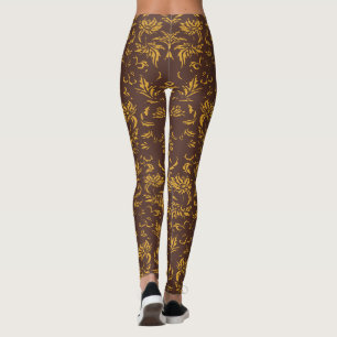 Leggings Motif marron or floral damassé moderne 