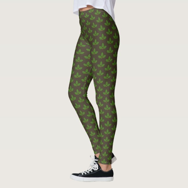 Leggings Motif moderne de feuille de laurier vert sur marro (Gauche)