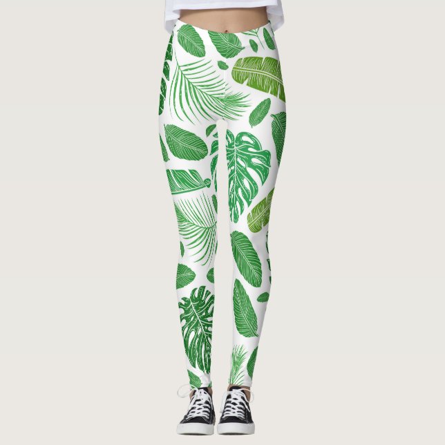 Leggings Motif moderne de feuilles tropicales vertes (Devant)