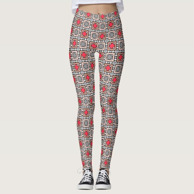 Leggings motif moderne géométrique art déco gris rouge, bei (Devant)