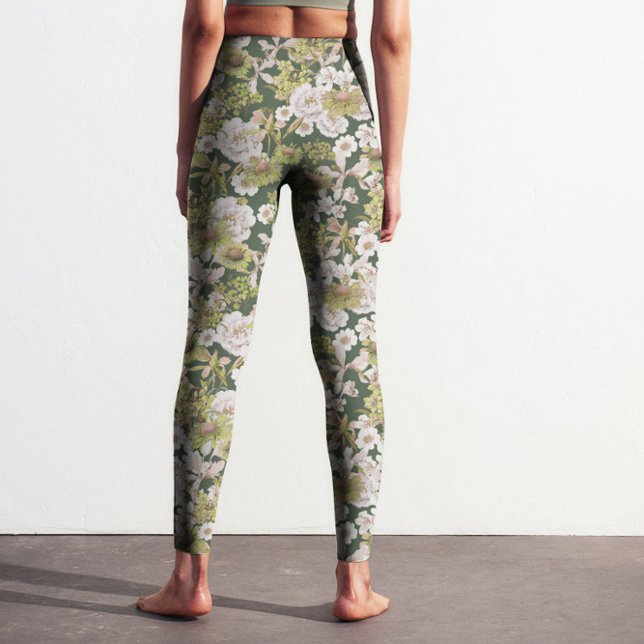 Leggings Motif moderne vert foncé Olive FLoral imprimé (Modern dark green olive floral pattern printed leggings design for nature and flower lovers.)