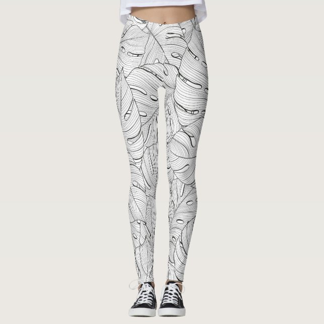 Leggings Motif noir blanc Feuille Monstera (Devant)