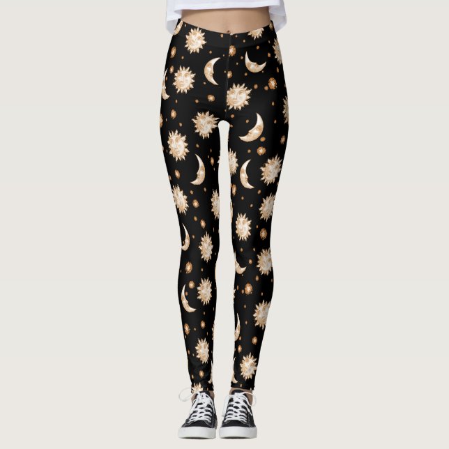 Leggings Motif noir céleste de soleil et de lune (Devant)