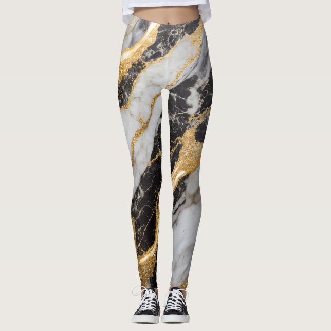 Leggings Motif noir et Marbre blanc avec or (Devant)