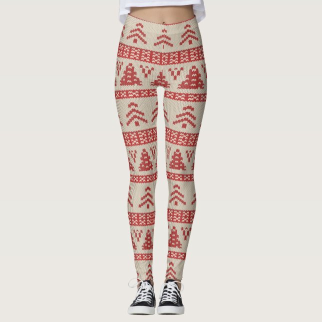 Leggings Motif nordique rouge de chandail de Knit d'arbre (Devant)