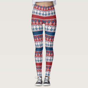 Leggings Motif norvégien rayé bleu rouge