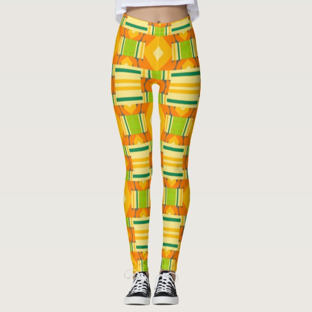 Leggings Motif orange et vert Abstrait avec diamants (Devant)