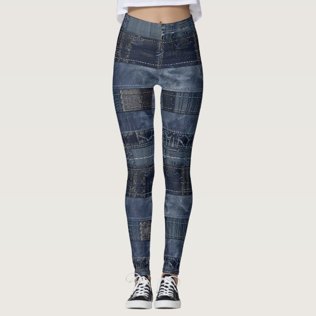 Leggings Motif Patchwork en Denim Indigo Rustique (Devant)