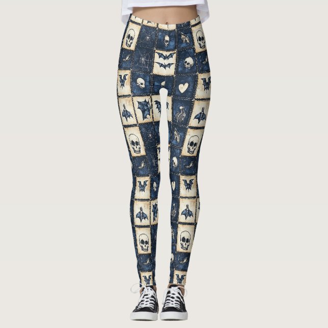 Leggings Motif patchwork en jean Halloween gothique (Devant)