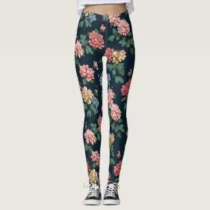 Leggings Motif Peony vintage coloré sur Arrière - plan noir
