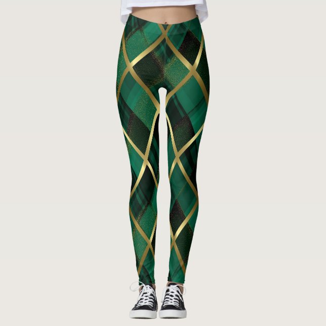 Leggings Motif Plaid Vert Et Or De Noël (Devant)