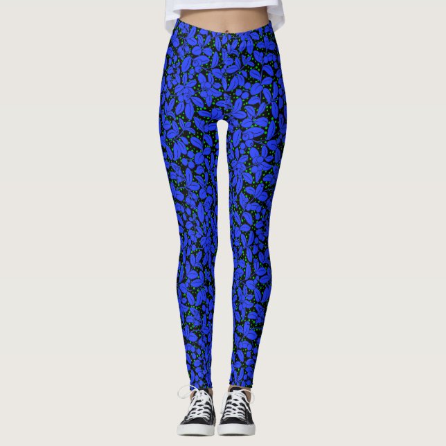 Leggings motif plante A09.blue b BG noir (Devant)