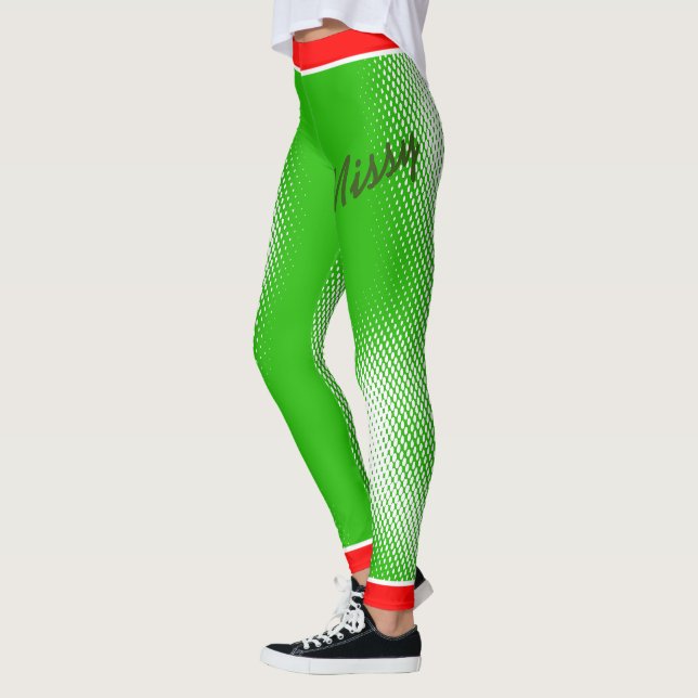 Leggings Motif point blanc sur vert avec votre nom (Gauche)