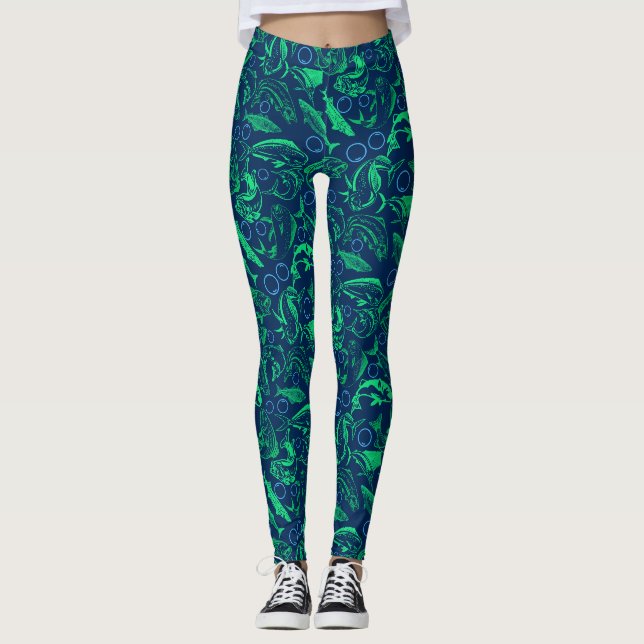 Leggings Motif Poissons Verts 10.w Fond Bleu (Devant)