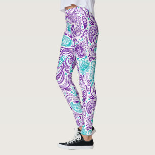 Leggings Motif pourpre turquoise et blanc paisley