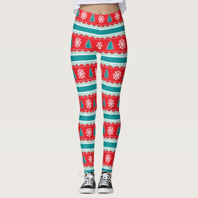 Leggings Motif rayé de Noël turquoise rouge (Devant)