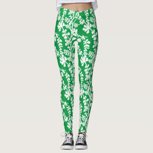 Leggings Motif Répétant Botanique Vert Et Blanc