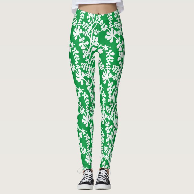 Leggings Motif Répétant Botanique Vert Et Blanc (Devant)