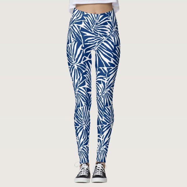 Leggings Motif Répétant de feuille tropicale blanche et ble (Devant)