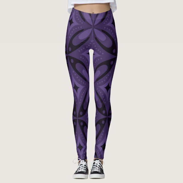 Leggings Motif Rétro de Couleur Violet Foncé (Devant)