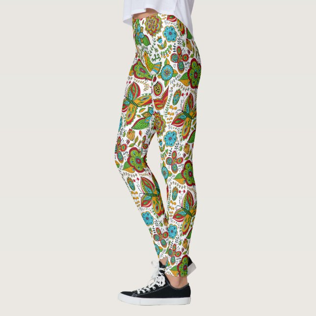 Leggings Motif rétro des oiseaux et fleurs colorés (Gauche)