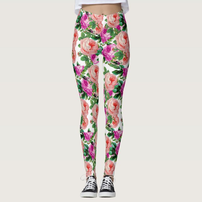 Leggings Motif Rose vintage rose et violet (Devant)