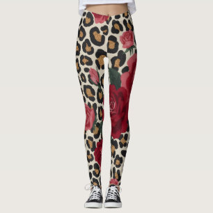 Leggings Motif Roses Rouges Léopard