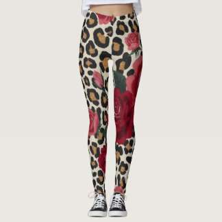 Leggings Motif Roses Rouges Léopard