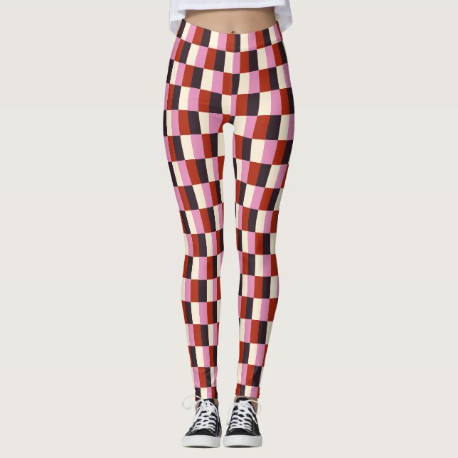 Leggings Motif rouge rose aubergine ivoire Plaid (Devant)