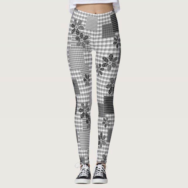 Leggings Motif rustique en patchwork noir et blanc rétro (Devant)