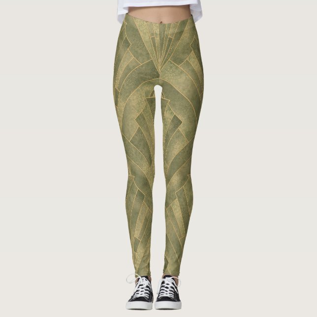 Leggings Motif Sage Green et Gold Art Déco (Devant)