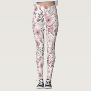 Leggings Motif Sakura en fleurs de cerises roses sur blanc